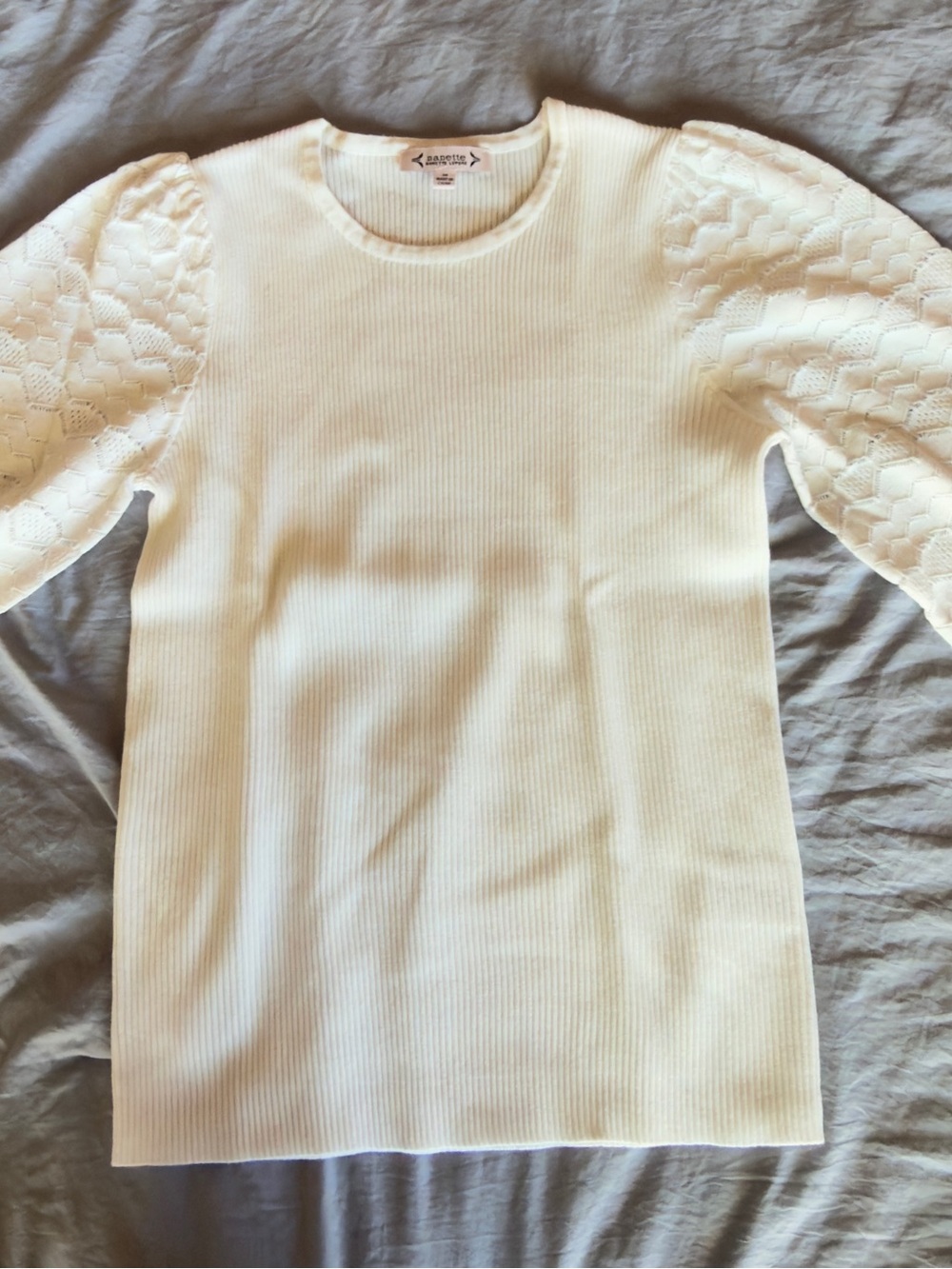 Nanette Lepore White Ribbed Crewneck Sweater with Puff Sleeves